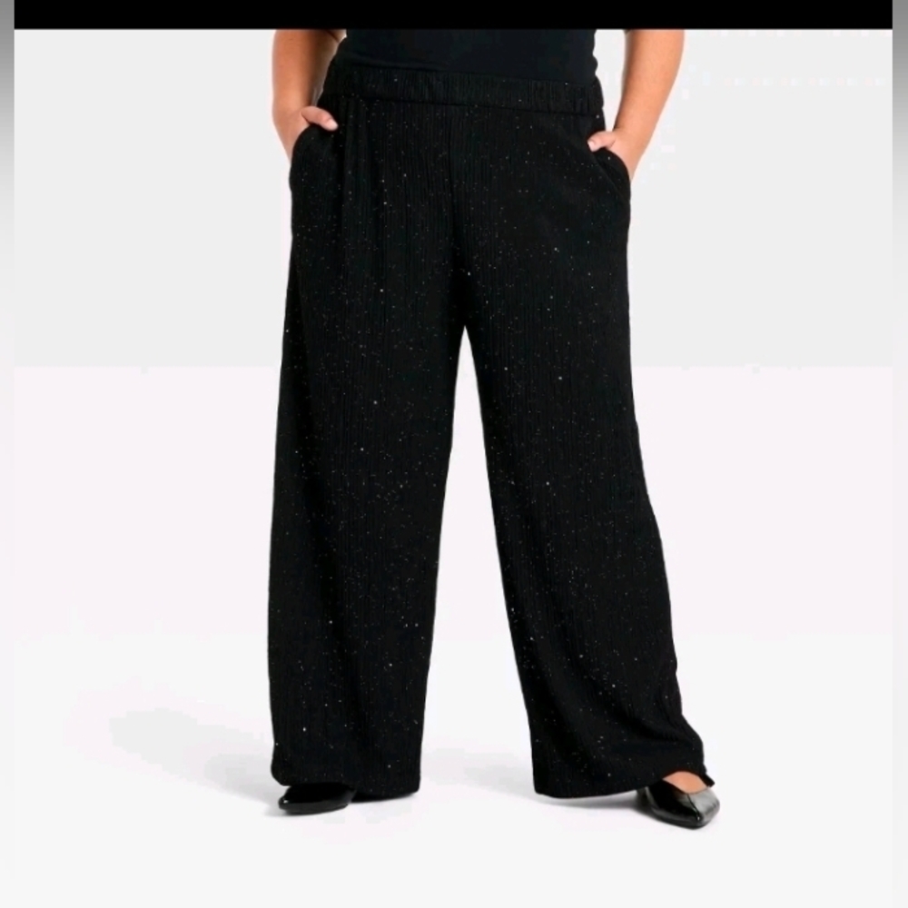 Ava & Viv Women's High-Rise Sparkle Wide Leg Pull-On Pants Black